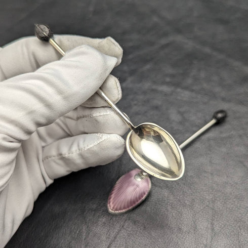 1933 British vintage pair of sterling silver demitasse spoons with enamel decoration